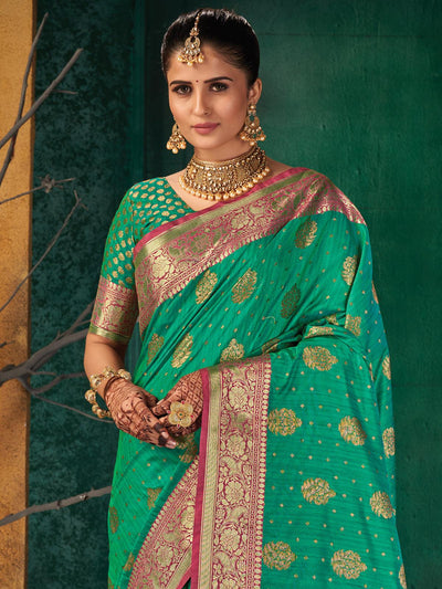 Women's Green Silk Blend Woven Design Saree With Blouse Piece - Odette