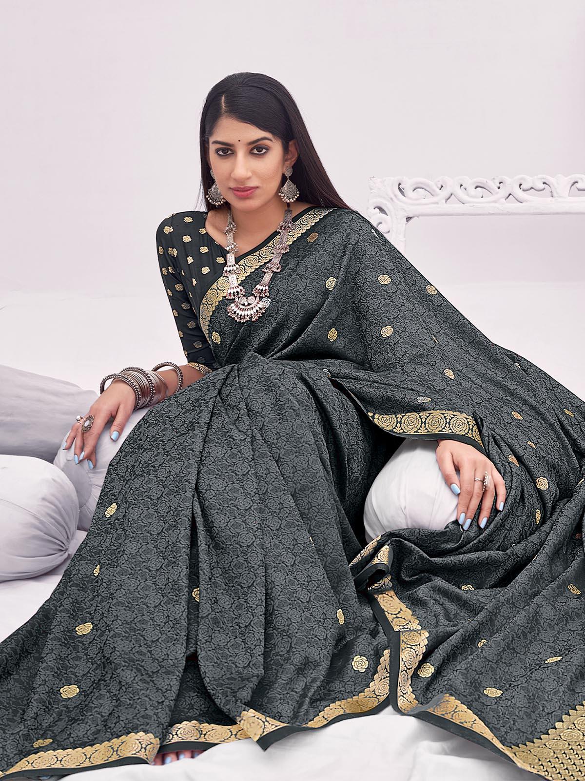 Women's Grey Banarasi Silk Woven Design Saree With Blouse Piece - Odette