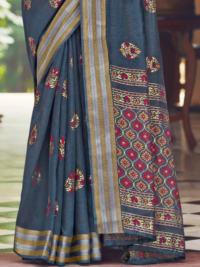 Women's Grey Chanderi  Printed Saree With Blouse Piece - Odette