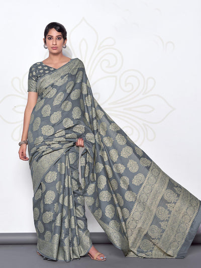 Women's Grey Lucknowi Cotton Hand Weaving Work Saree With Blouse Piece - Odette