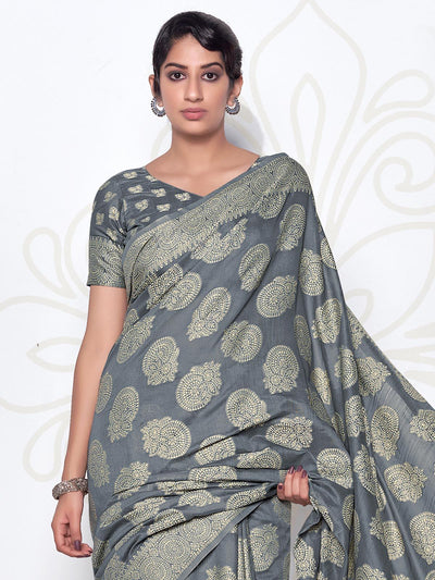 Women's Grey Lucknowi Cotton Hand Weaving Work Saree With Blouse Piece - Odette