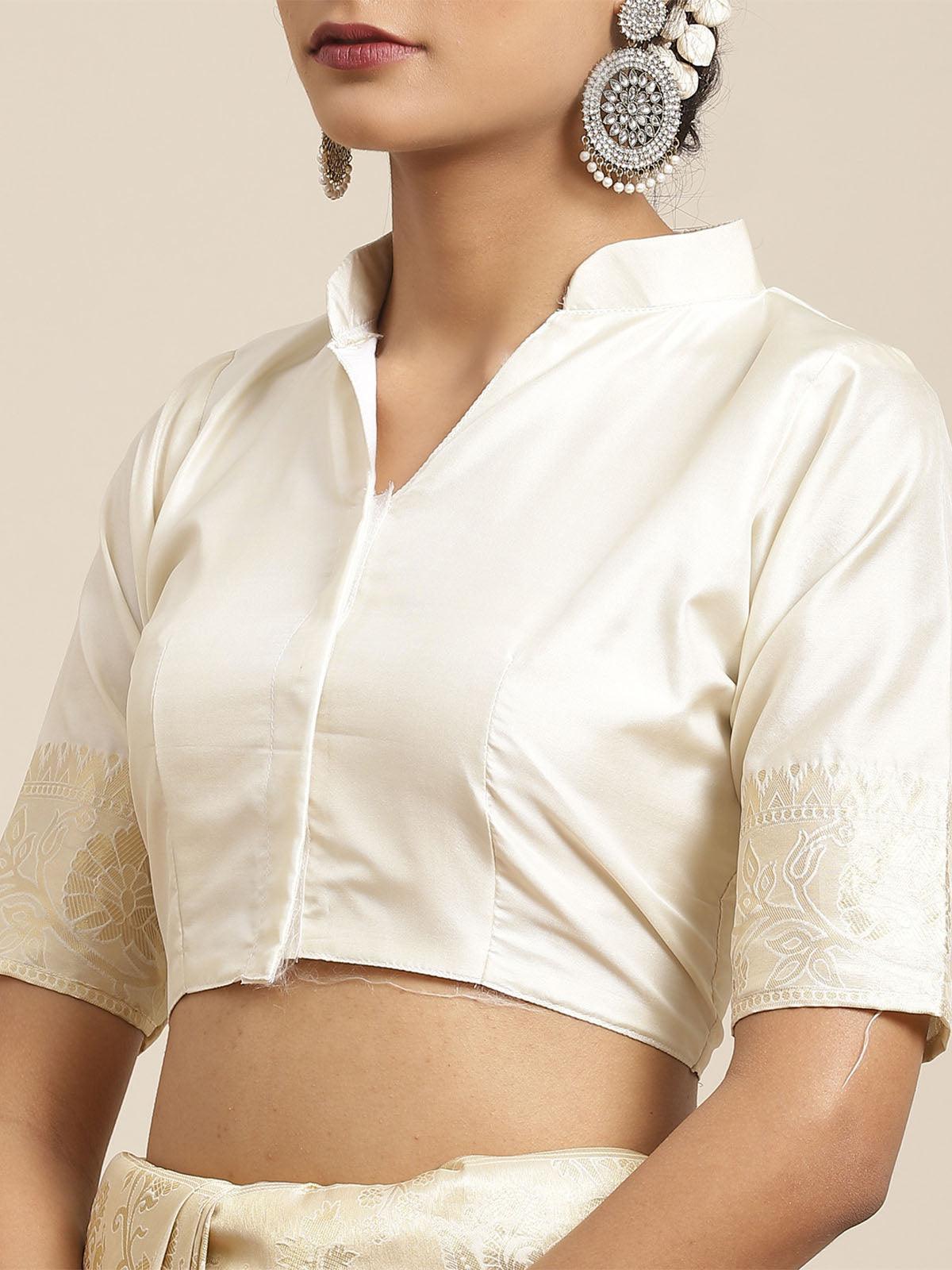 Women's Kanjeevaram Silk Cream Woven Design Woven saree With Blouse Piece - Odette