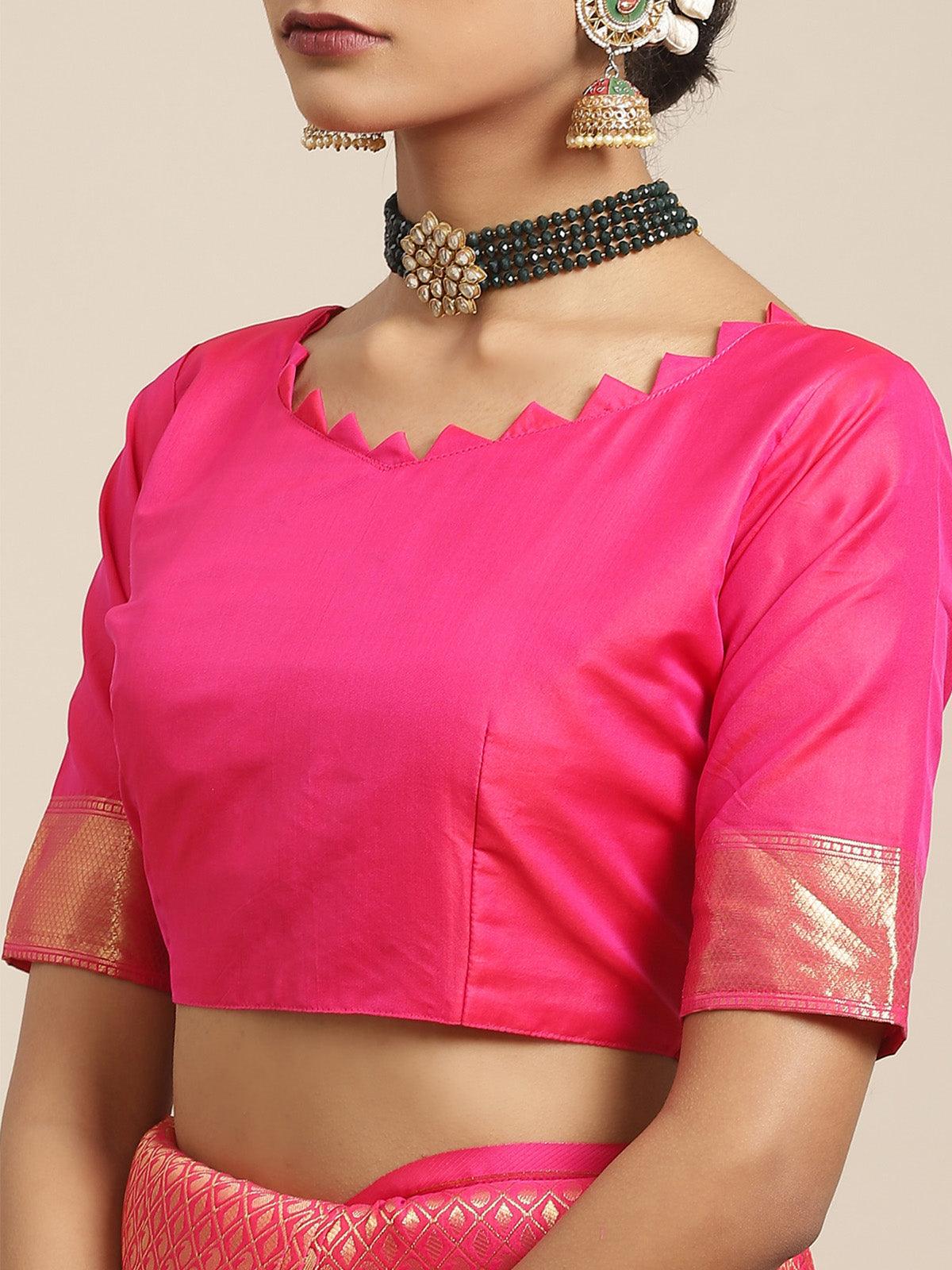 Women's Kanjeevaram Silk Pink Woven Design Woven saree With Blouse Piece - Odette