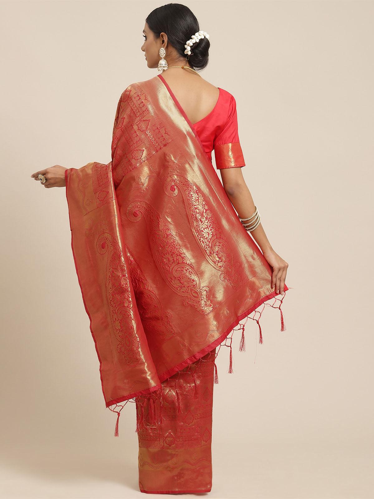 Women's Kanjeevaram Silk Red Woven Design Woven saree With Blouse Piece - Odette