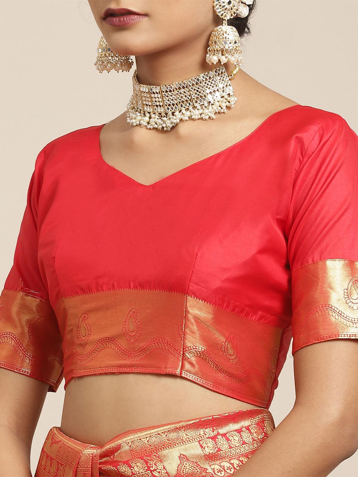 Women's Kanjeevaram Silk Red Woven Design Woven saree With Blouse Piece - Odette