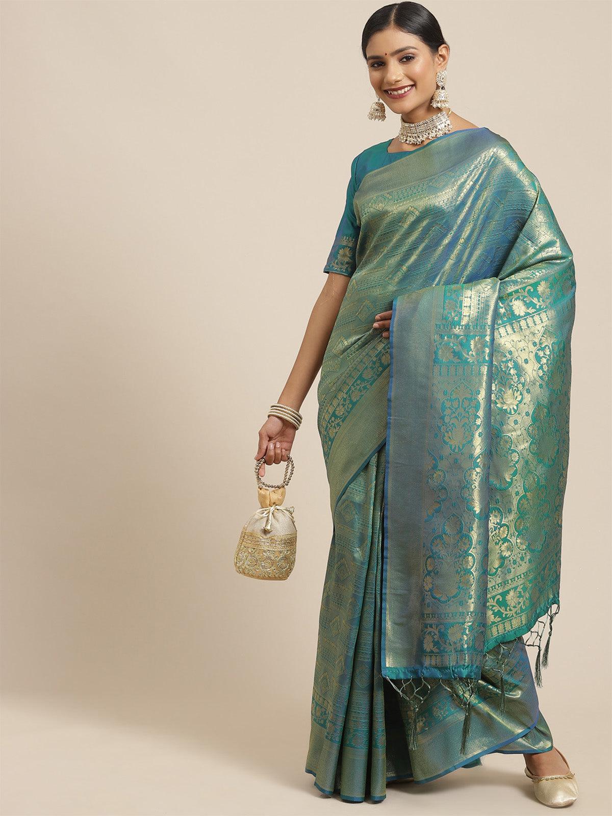 Women's Kanjeevaram Silk Teal green Woven Design Woven saree With Blouse Piece - Odette