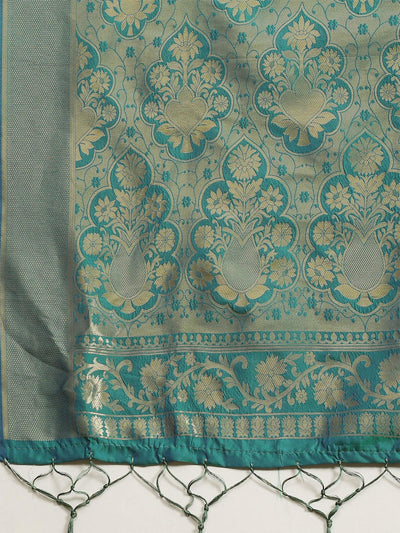 Women's Kanjeevaram Silk Teal green Woven Design Woven saree With Blouse Piece - Odette