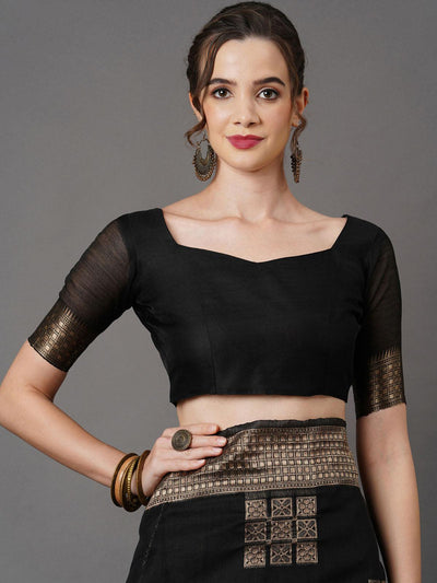 Women's Linen Black Woven Design Woven saree With Blouse Piece - Odette