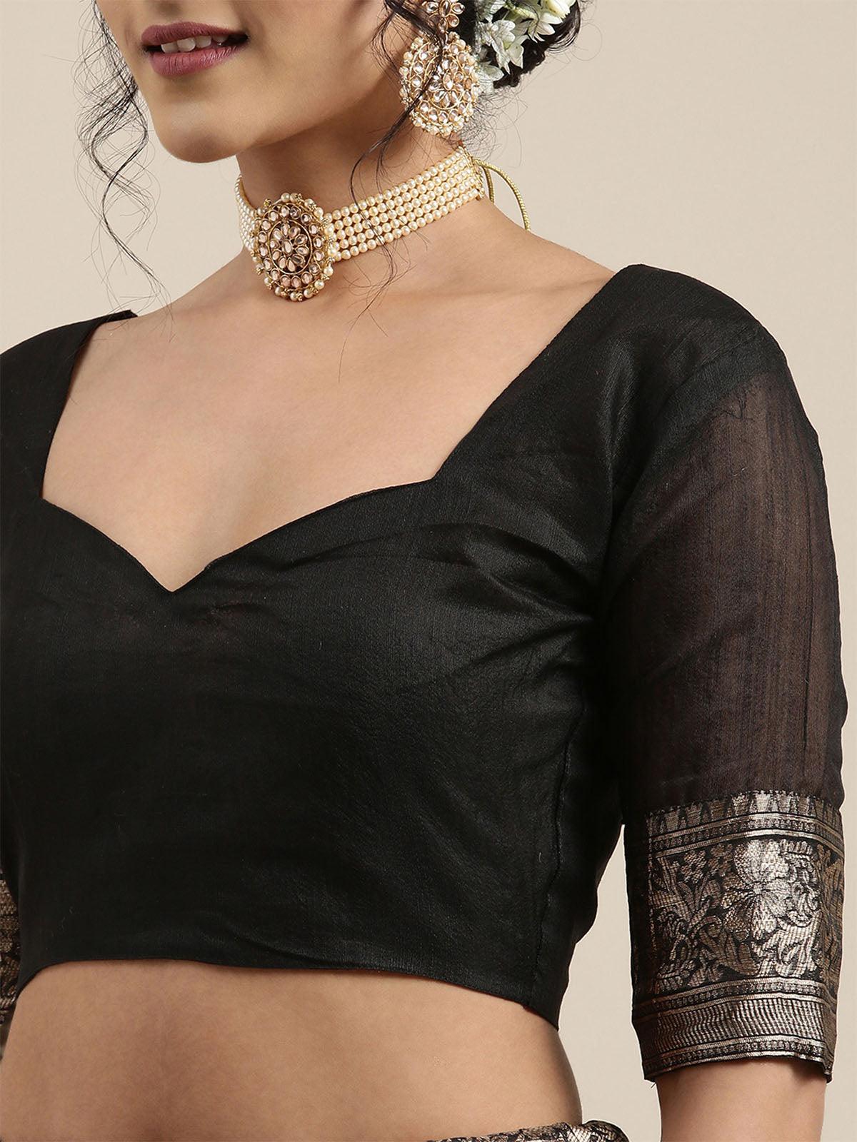 Women's Linen Black Woven Design Woven saree With Blouse Piece - Odette