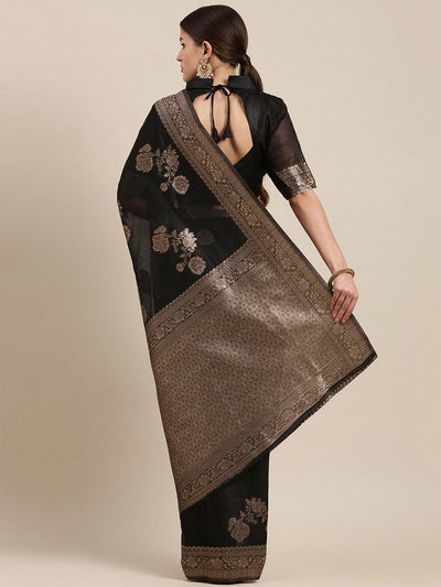 Women's Linen Blend Black Woven Design Designer Saree With Blouse Piece - Odette