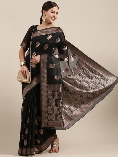 Women's Linen Blend Black Woven Design Designer Saree With Blouse Piece - Odette