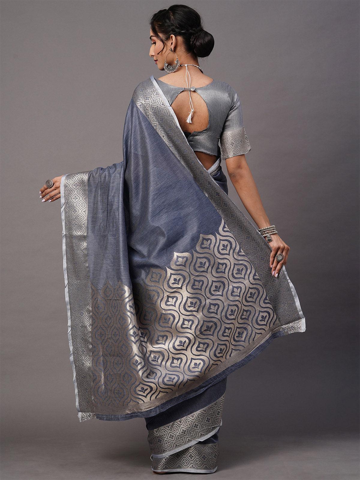 Women's Linen Blend Blue Woven Design Celebrity Saree With Blouse Piece - Odette