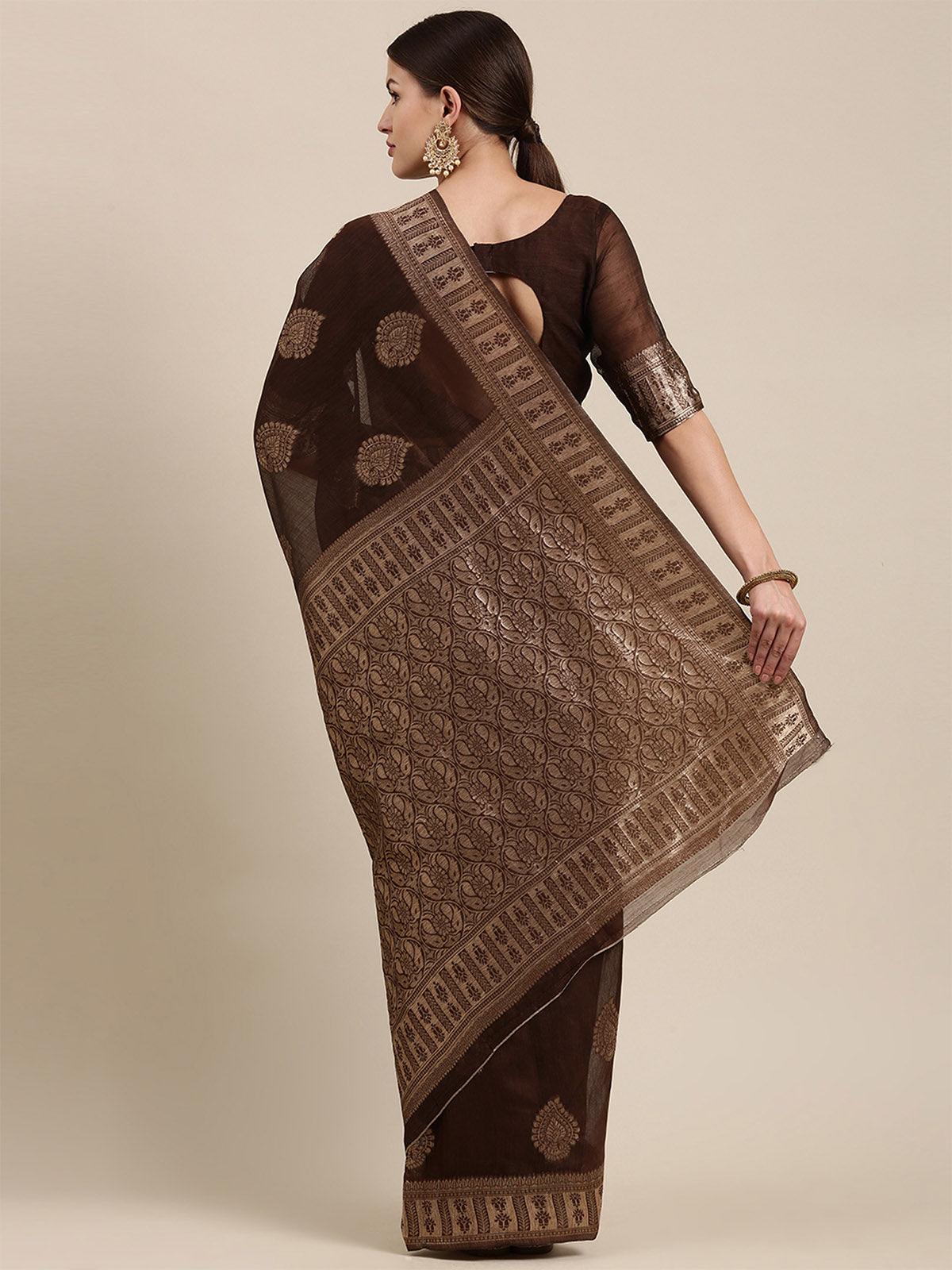 Women's Linen Blend Brown Woven Design Designer Saree With Blouse Piece - Odette