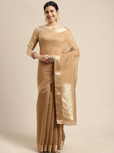 Women's Linen Blend Camel Brown Woven Design Designer Saree With Blouse Piece - Odette