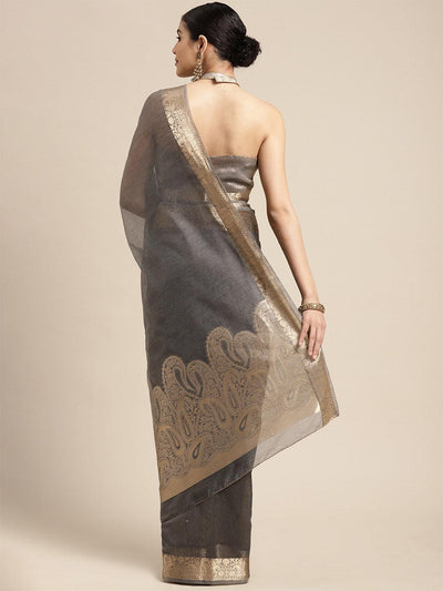 Women's Linen Blend Charcoal Grey Woven Design Designer Saree With Blouse Piece - Odette
