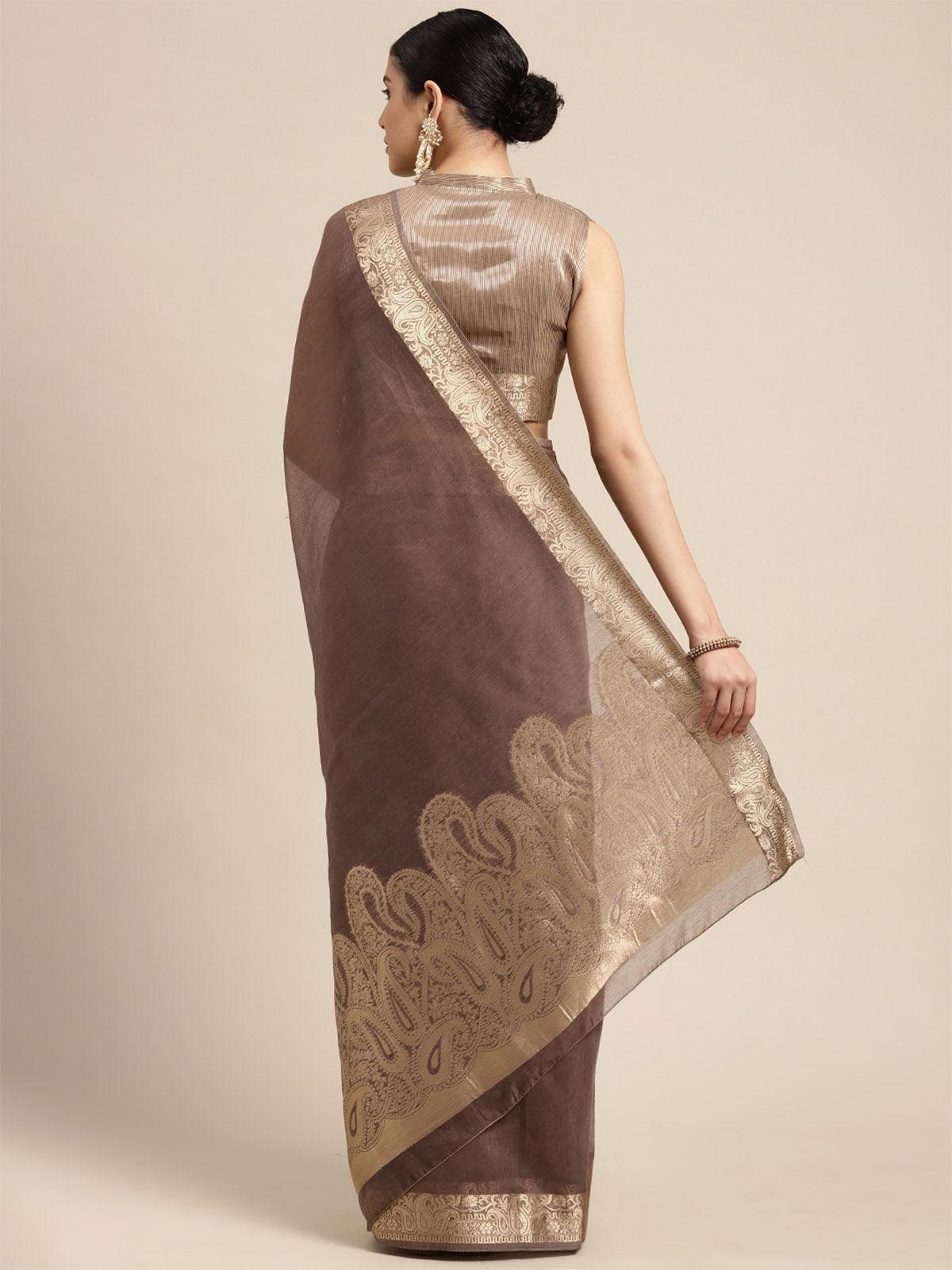 Women's Linen Blend Coffee Brown Woven Design Designer Saree With Blouse Piece - Odette