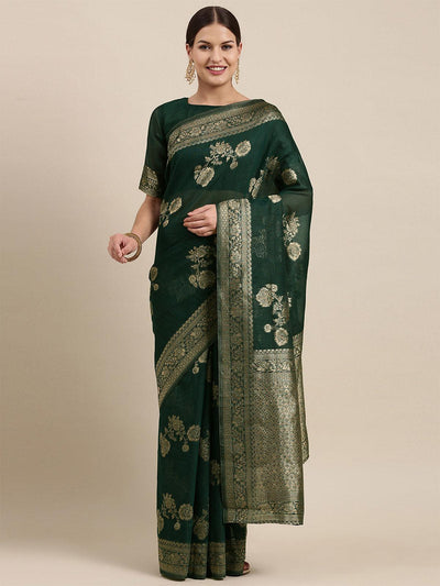 Women's Linen Blend green Woven Design Designer Saree With Blouse Piece - Odette