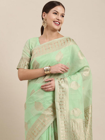 Women's Linen Blend Green Woven Design Designer Saree With Blouse Piece - Odette