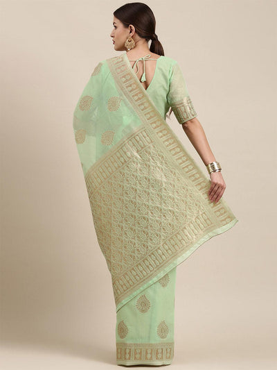 Women's Linen Blend Green Woven Design Designer Saree With Blouse Piece - Odette