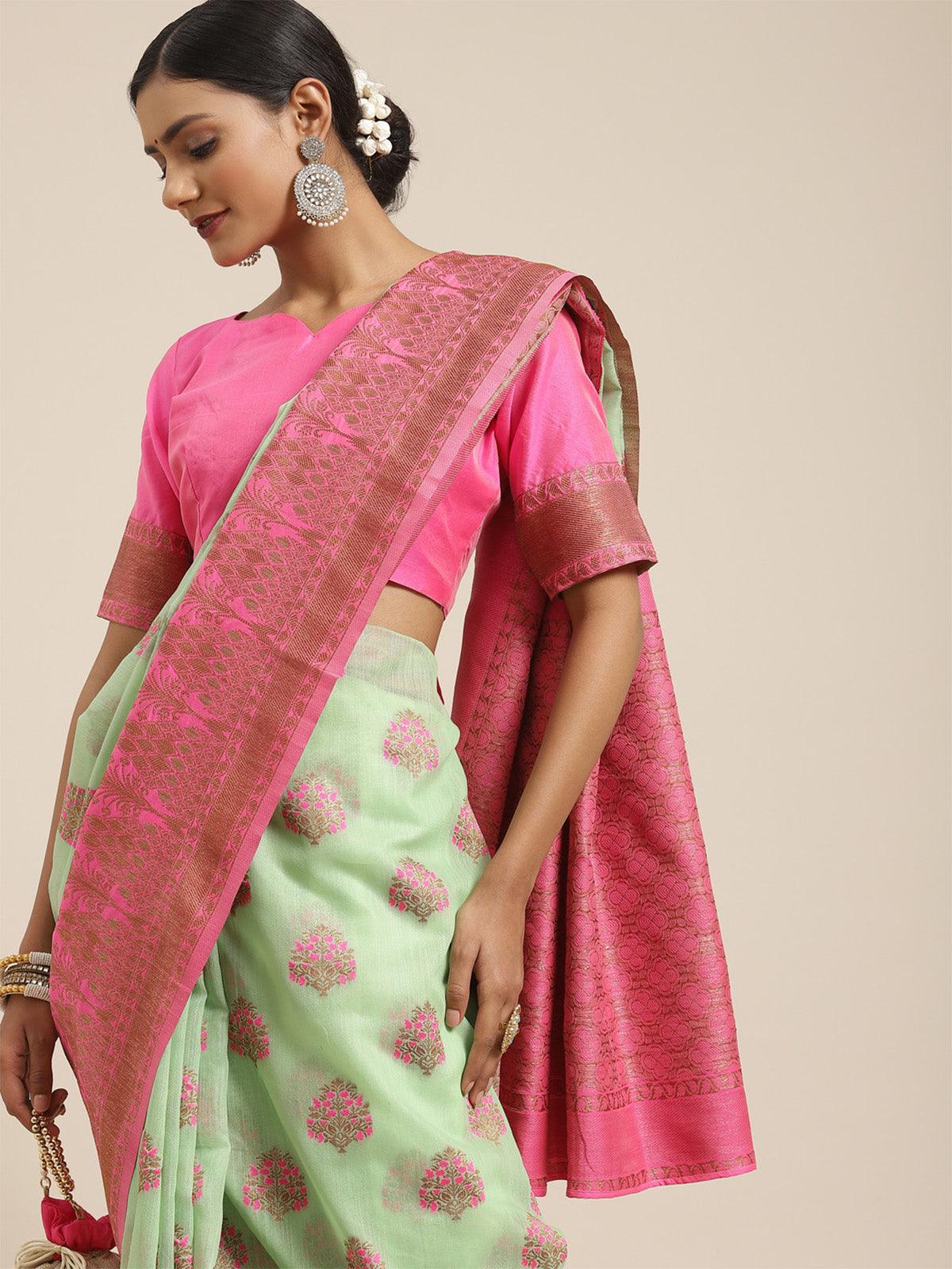 Women's Linen Blend Green Woven Design Woven saree With Blouse Piece - Odette