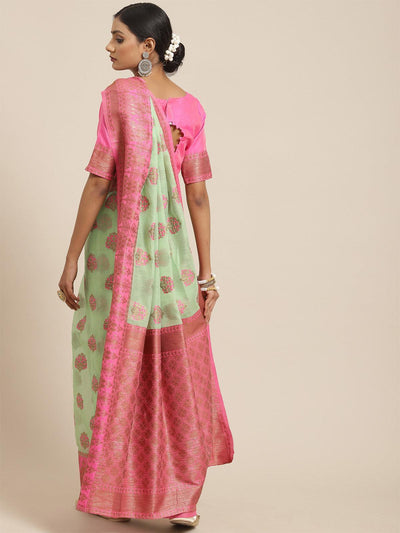 Women's Linen Blend Green Woven Design Woven saree With Blouse Piece - Odette