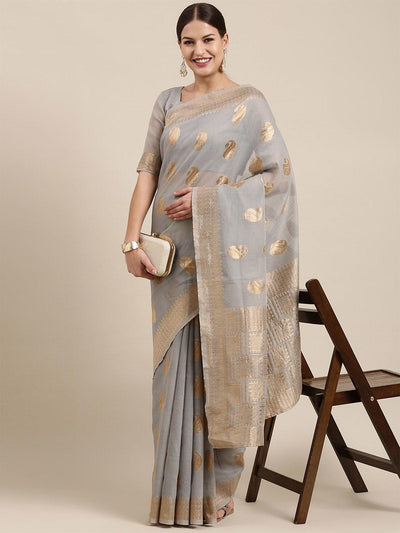 Women's Linen Blend Grey Woven Design Designer Saree With Blouse Piece - Odette