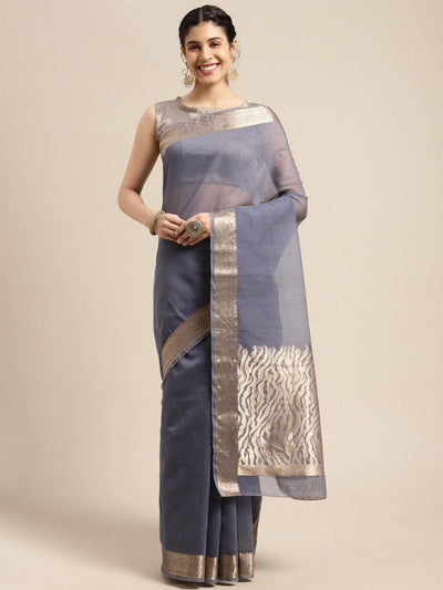 Women's Linen Blend grey Woven Design Designer Saree With Blouse Piece - Odette