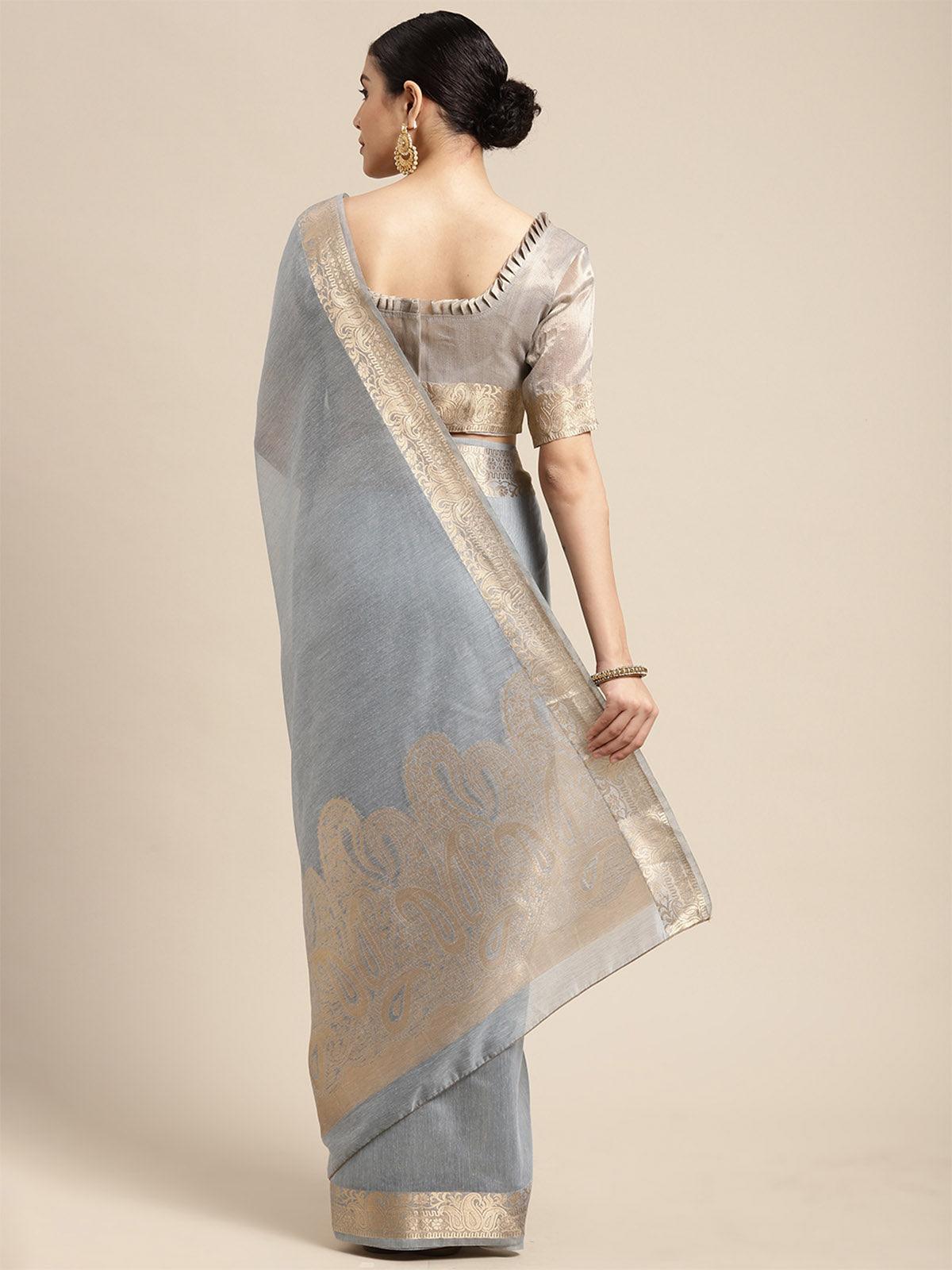 Women's Linen Blend Grey Woven Design Designer Saree With Blouse Piece - Odette