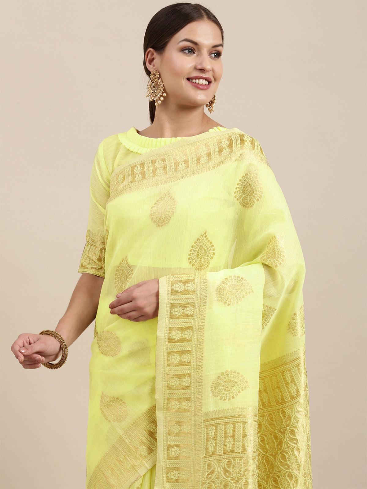 Women's Linen Blend Lemon Yellow Woven Design Designer Saree With Blouse Piece - Odette