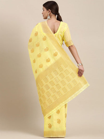 Women's Linen Blend Lemon Yellow Woven Design Designer Saree With Blouse Piece - Odette