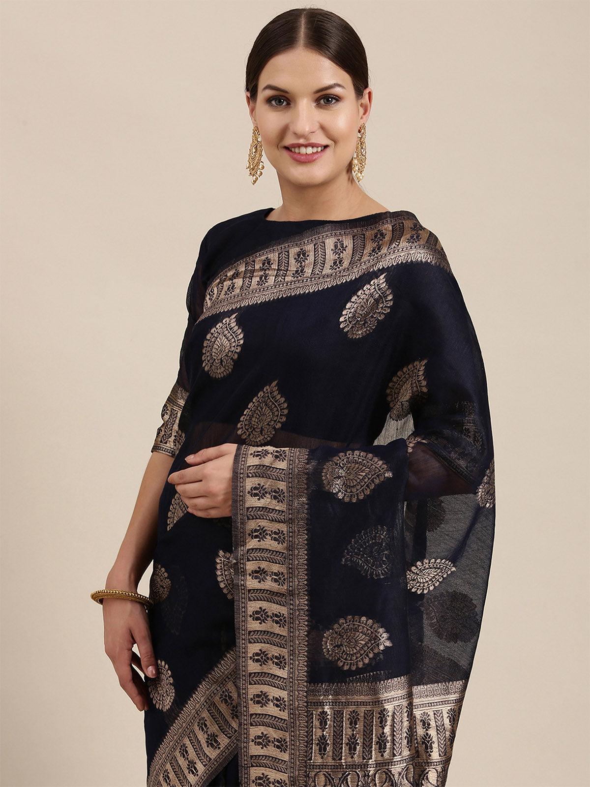 Women's Linen Blend Navy Blue Woven Design Designer Saree With Blouse Piece - Odette