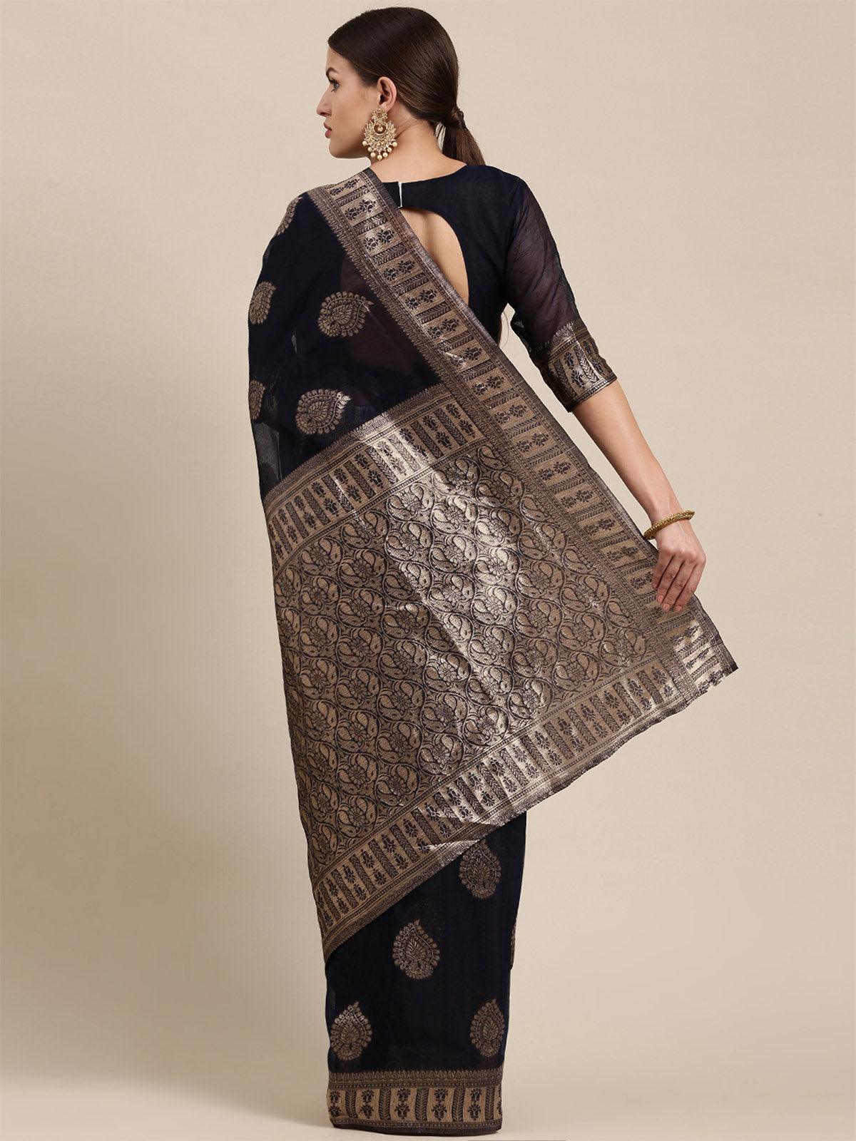 Women's Linen Blend Navy Blue Woven Design Designer Saree With Blouse Piece - Odette