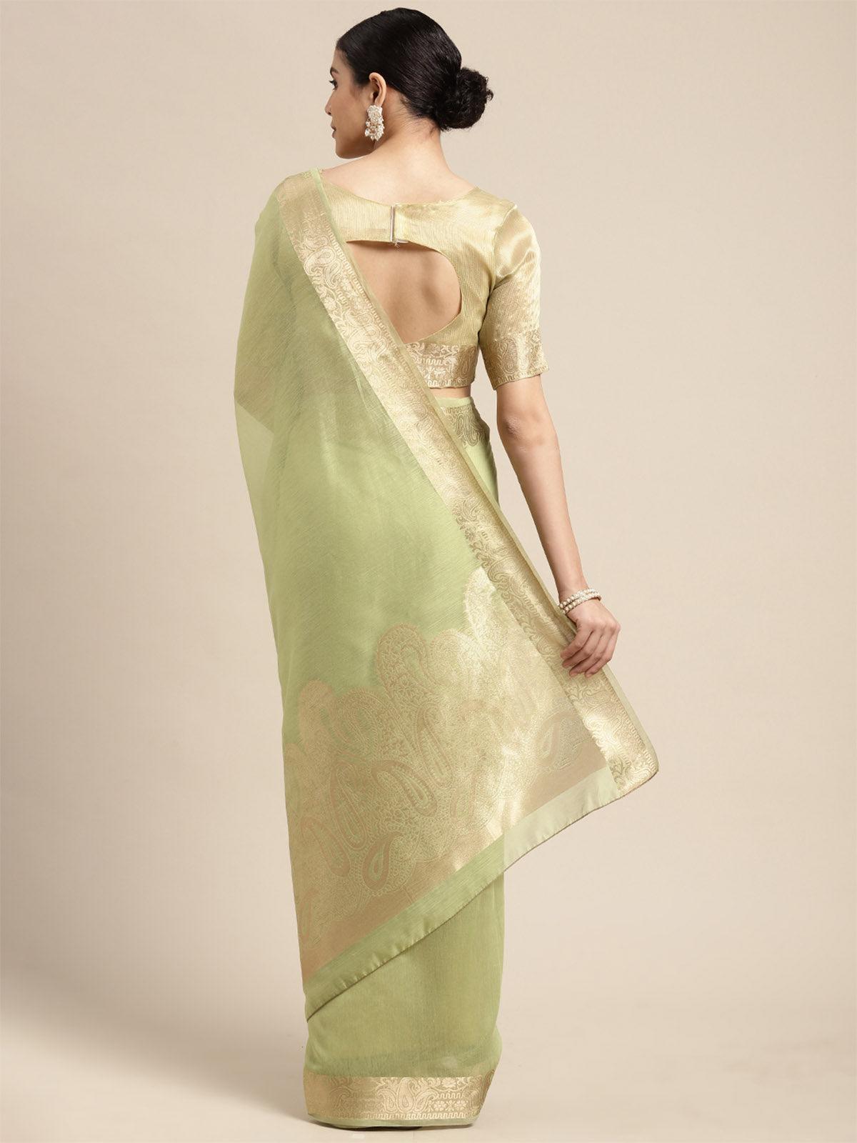 Women's Linen Blend Olive Woven Design Designer Saree With Blouse Piece - Odette