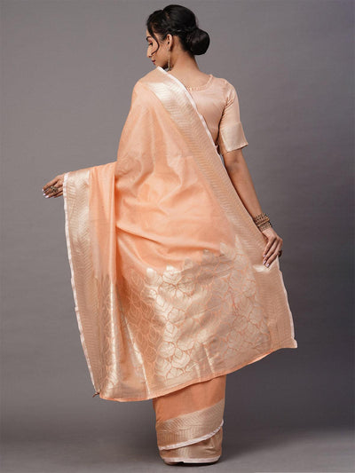 Women's Linen Blend Peach Woven Design Celebrity Saree With Blouse Piece - Odette