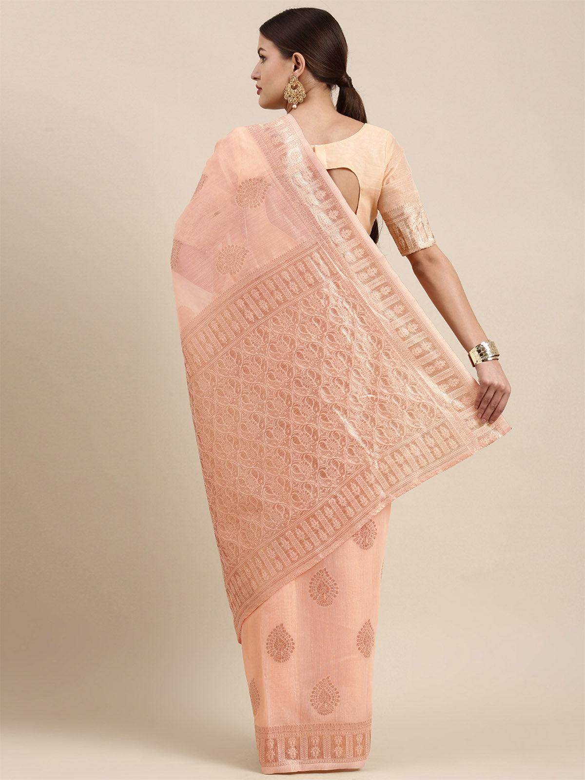 Women's Linen Blend Peach Woven Design Designer Saree With Blouse Piece - Odette