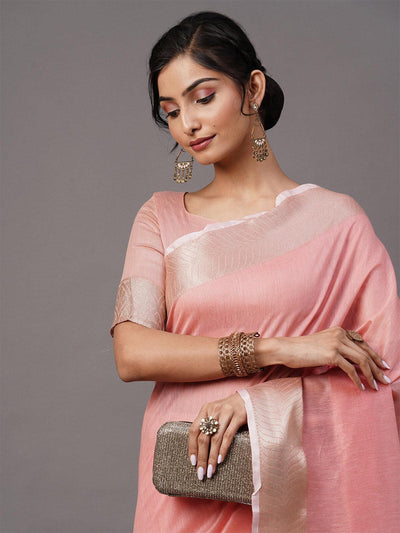 Women's Linen Blend Pink Woven Design Celebrity Saree With Blouse Piece - Odette