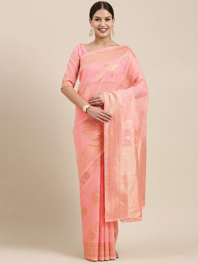 Women's Linen Blend Pink Woven Design Designer Saree With Blouse Piece - Odette