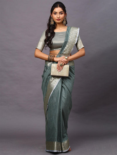 Women's Linen Blend Sea Green Woven Design Designer Saree With Blouse Piece - Odette