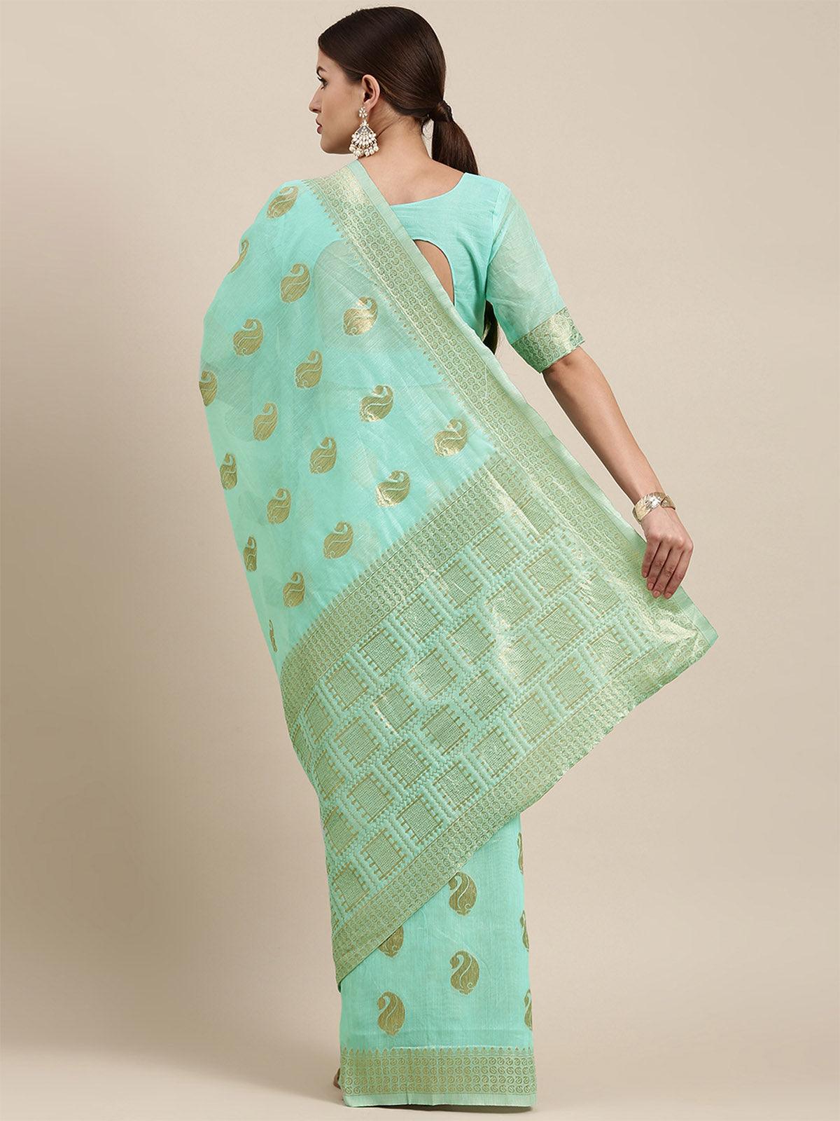 Women's Linen Blend Sea Green Woven Design Designer Saree With Blouse Piece - Odette