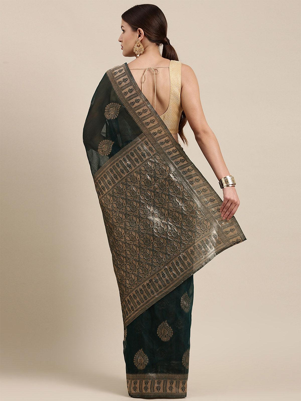 Women's Linen Blend Teal Green Woven Design Designer Saree With Blouse Piece - Odette
