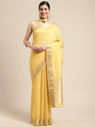 Women's Linen Blend Yellow Woven Design Designer Saree With Blouse Piece - Odette