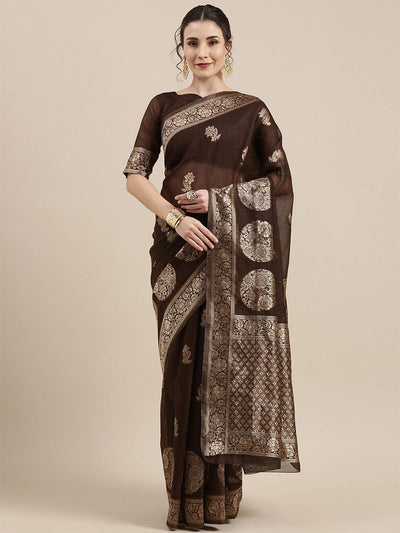 Women's Linen Brown Woven Design Woven saree With Blouse Piece - Odette