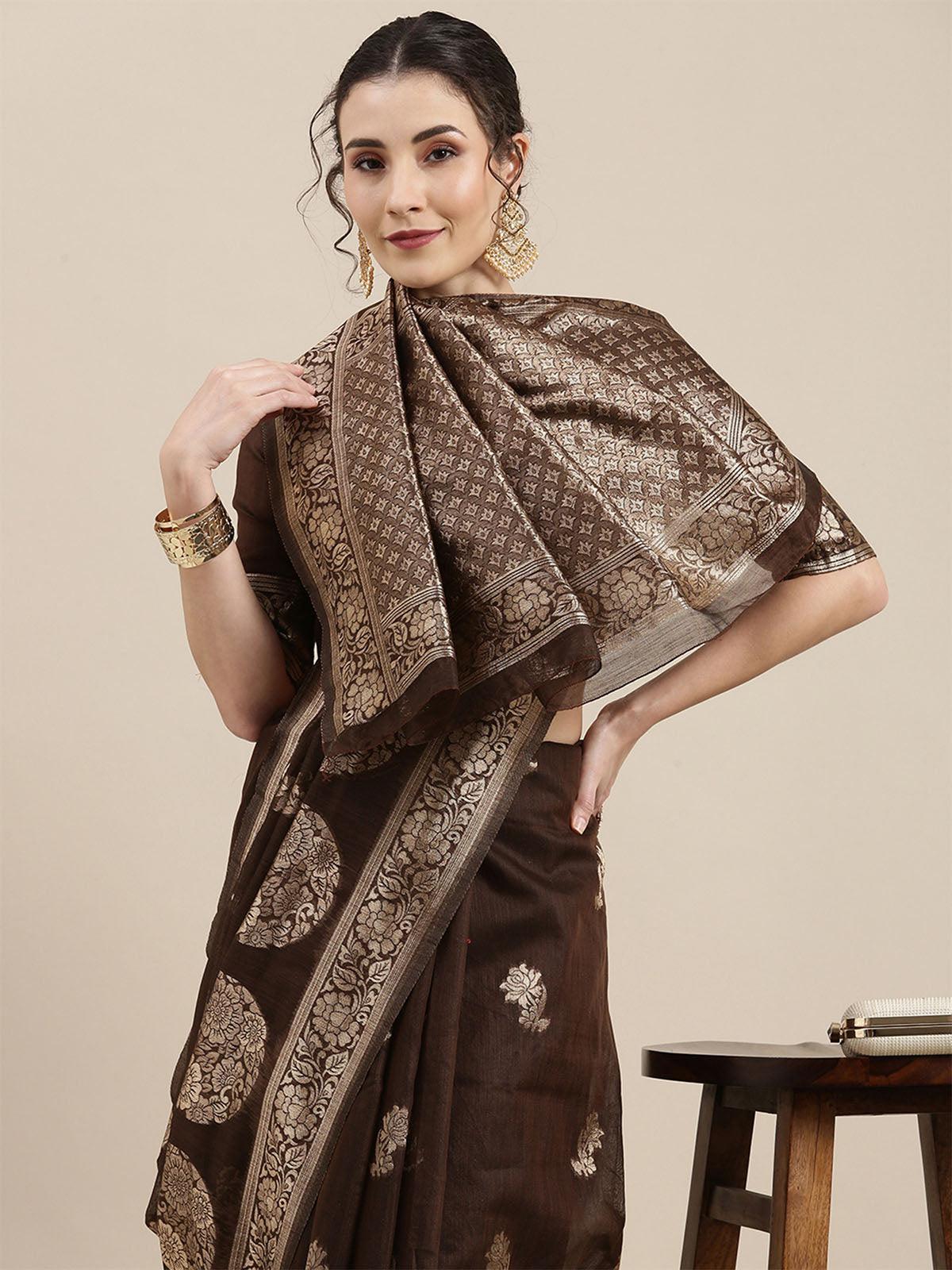 Women's Linen Brown Woven Design Woven saree With Blouse Piece - Odette