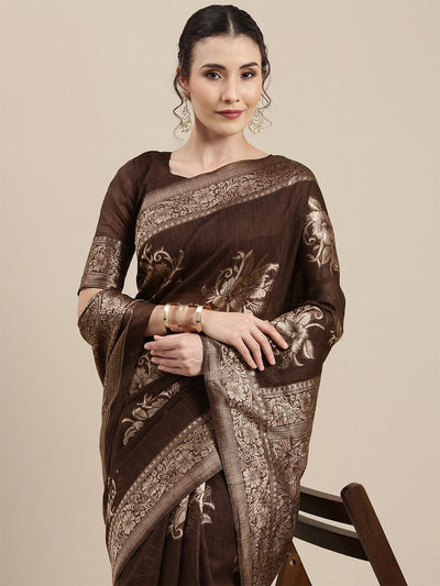 Women's Linen Brown Woven Design Woven saree With Blouse Piece - Odette
