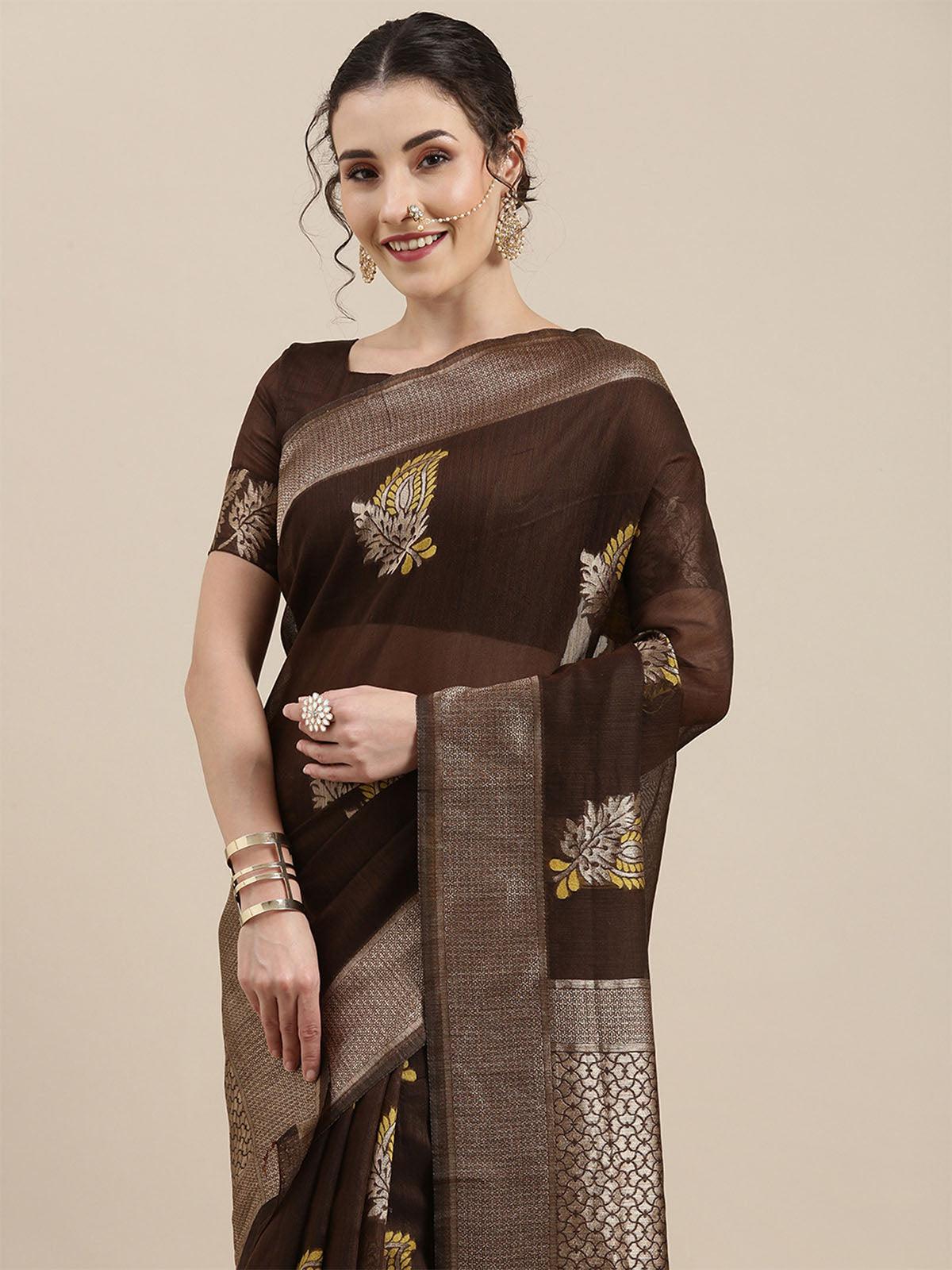 Women's Linen Brown Woven Design Woven saree With Blouse Piece - Odette