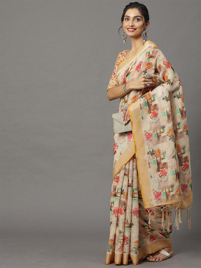 Women's Linen Cream Printed Designer Saree With Blouse Piece - Odette
