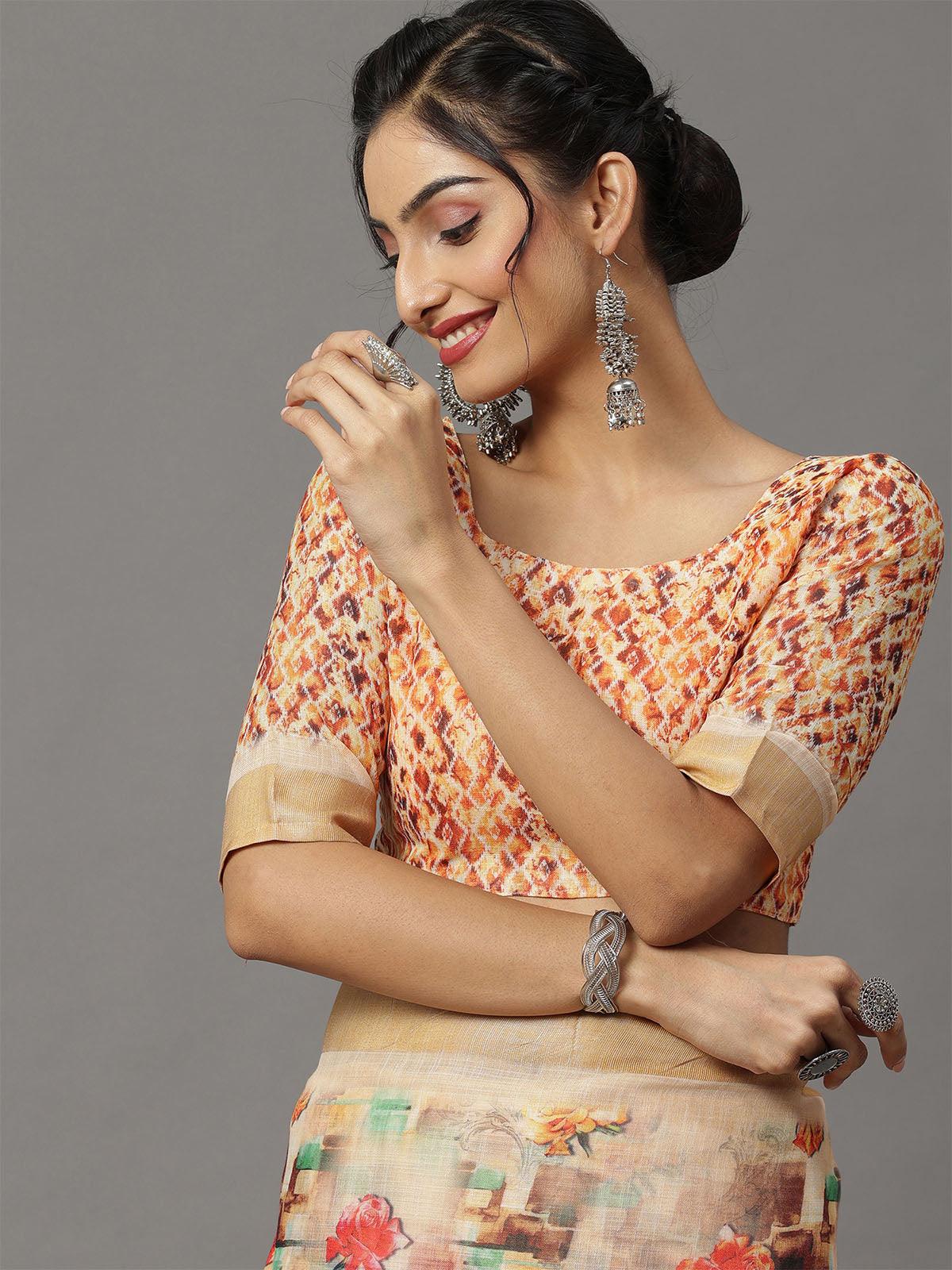 Women's Linen Cream Printed Designer Saree With Blouse Piece - Odette