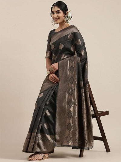 Women's Linen Grey Woven Design Woven saree With Blouse Piece - Odette
