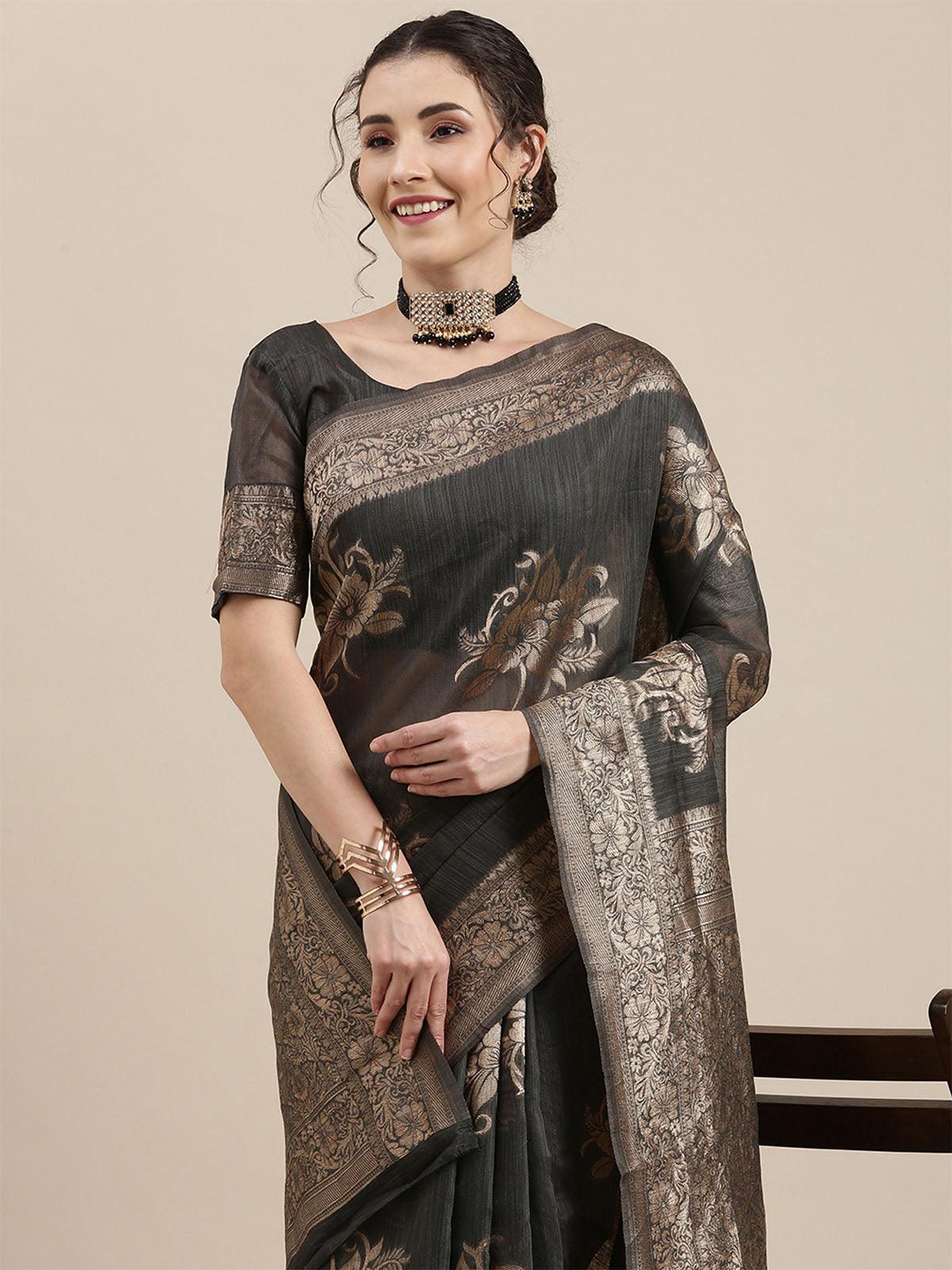 Women's Linen Grey Woven Design Woven saree With Blouse Piece - Odette