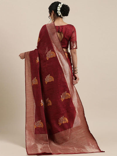 Women's Linen Maroon Woven Design Woven saree With Blouse Piece - Odette
